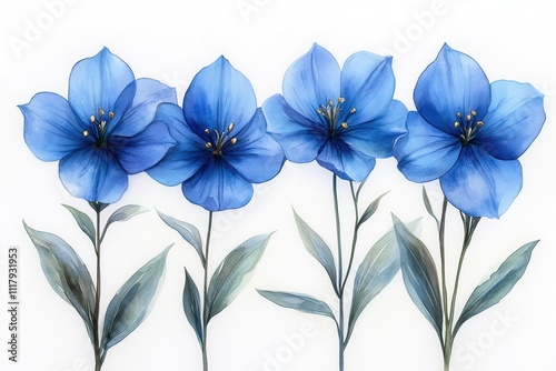 A serene arrangement of blue flowers with delicate petals and green leaves on a white background.