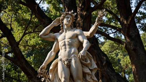 Statue of Apollo and Daphne, with Apollo holding a laurel leaf in both hands, as Daphne transforms into a laurel tree, with a backdrop of a romantic forest and radiant sunlight, with carvings depictin photo