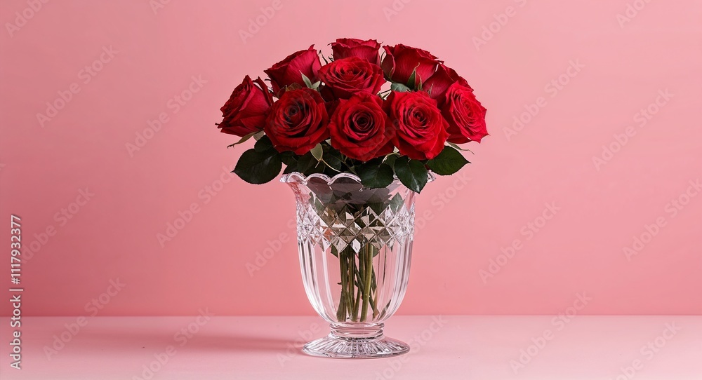 A crystalclear vase filled with blooming red roses placed on a plain soft pink background A crystalclear vase filled with blooming red roses placed on a plain soft pink background