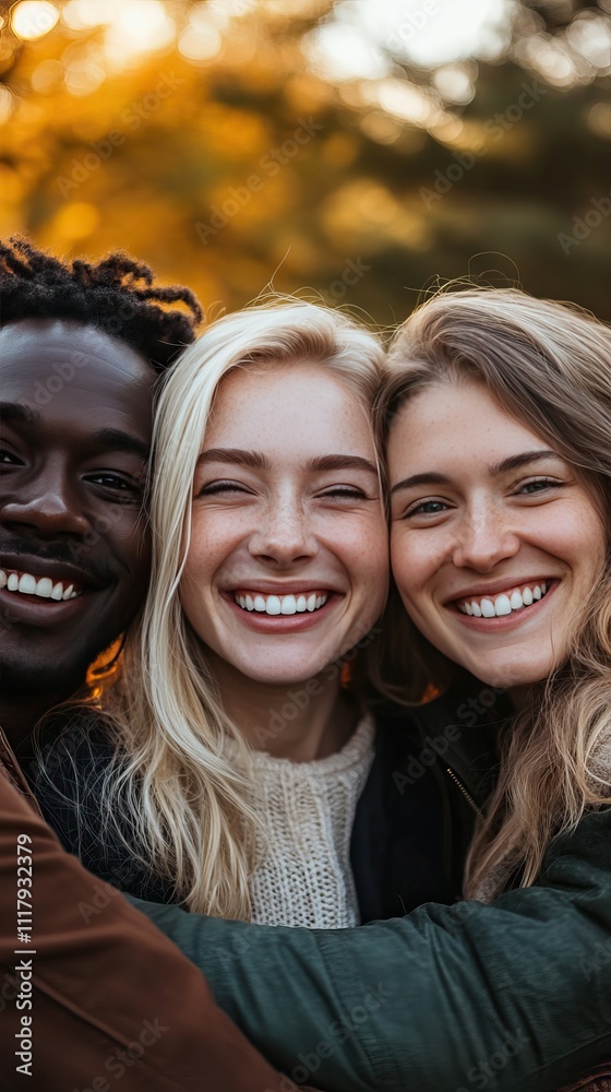 A diverse group of individuals share laughter and warmth, enjoying carefree moments outdoors under a bright sky A diverse group of individuals share laughter and warmth, enjoying carefree moments outdoors under a bright sky