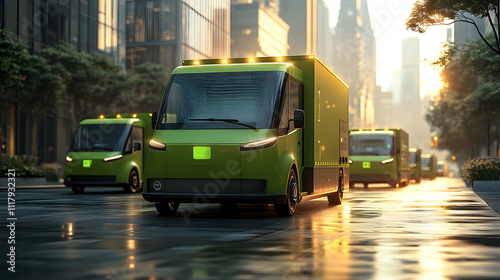 Green Fleet: Electric Delivery Vans in the City: A row of sleek, green electric delivery vans navigate a bustling city street, their bright lights illuminating the wet asphalt.