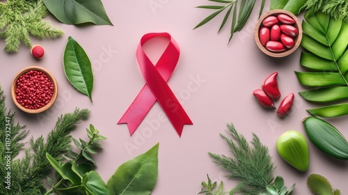 Pink background with red ribbon surrounded by green leaves and vegetables