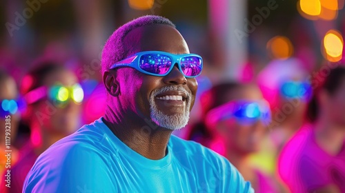 Energetic dance class with diverse participants in vibrant neon lighting
