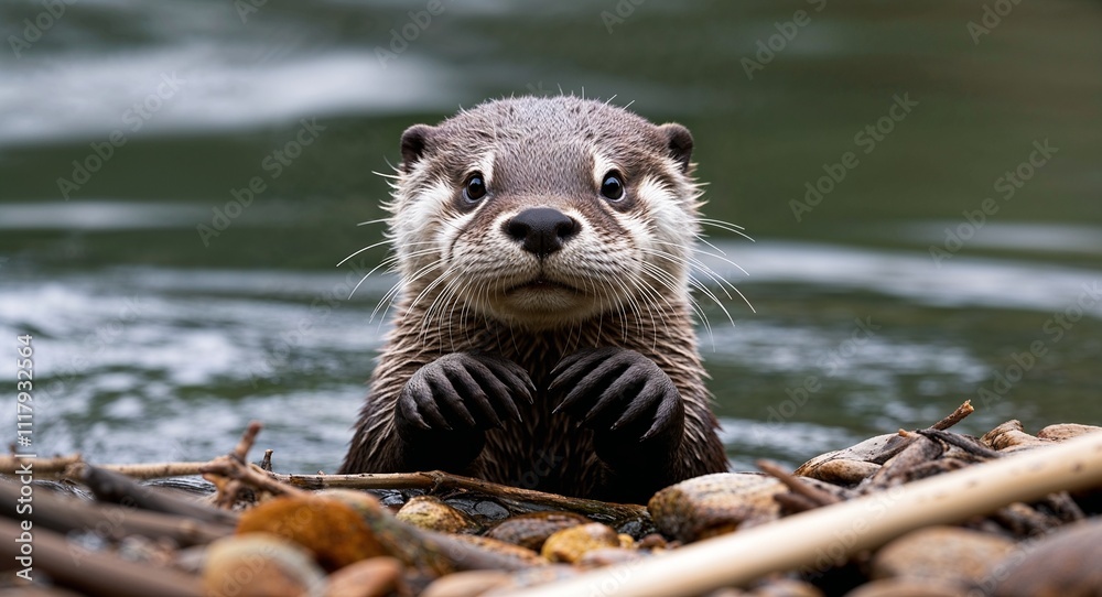 A curious otter peeking out from a riverbank with paws held up A curious otter peeking out from a riverbank with paws held up