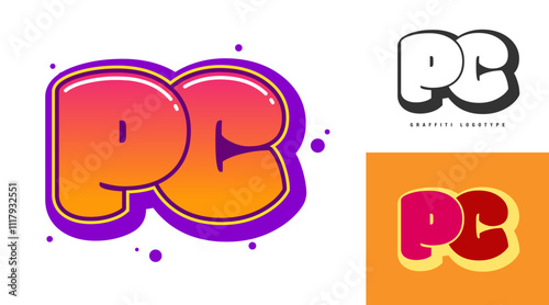 PC logo design for festival or party. Initial letter p and c in graffiti style. Creative modern lettering company name of font typography. Kids trendy logotype or identity.