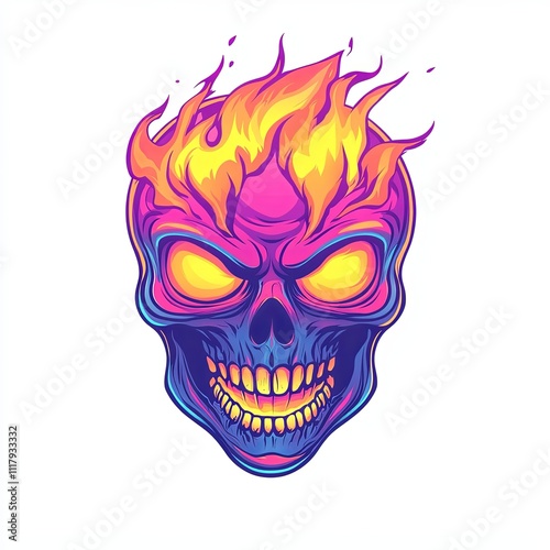 Colorful flaming skull illustration, vibrant hues, detailed skull, fiery hair, glowing eyes, sharp teeth, isolated on white background.