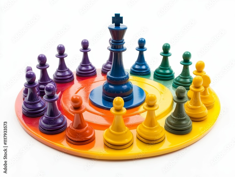 Colorful chess pieces surround a central king. Colorful chess pieces surround a central king.