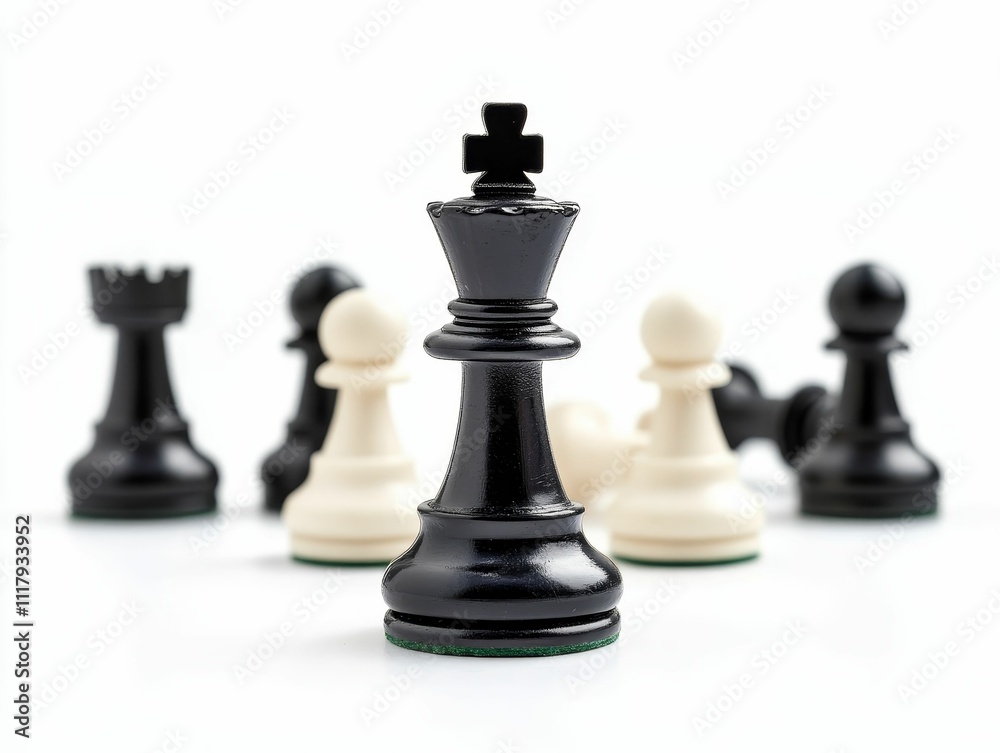 Black king piece dominates blurred chess pieces. Black king piece dominates blurred chess pieces.