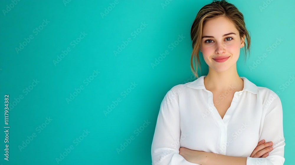 Confident Young Woman in White Blouse on Pastel Turquoise Background Confident Young Woman in White Blouse on Pastel Turquoise Background