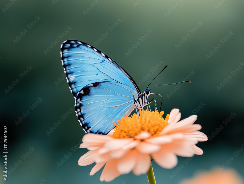 Fototapeta premium Delicate Blue Butterfly Perched Closely on a Soft Flower Petal, Capturing Nature's Beauty in a Serene Outdoor Setting