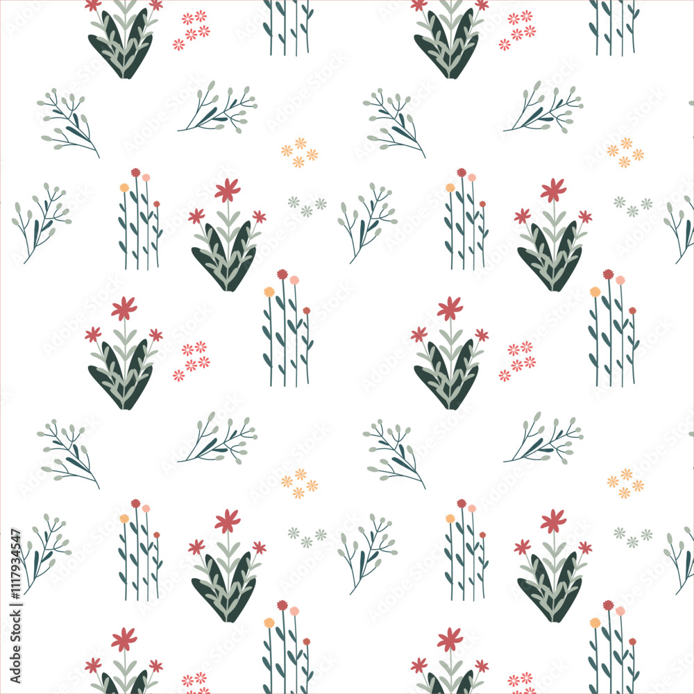 Fototapeta premium Seamless pattern with different flowers in cute vintage style, Floral vector texture with flowering twigs spring - summer season. for textile, wrapping paper, wallpaper, curtains
