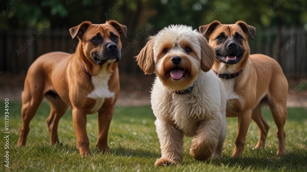 Obraz premium Three dogs, two fawn Staffies and a fluffy Cockapoo, standing in a grassy park.