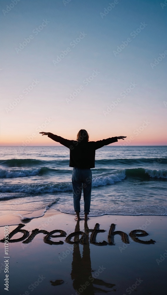 Fototapeta premium Embracing the Ocean Breeze: A Moment of Reflection at Sunrise