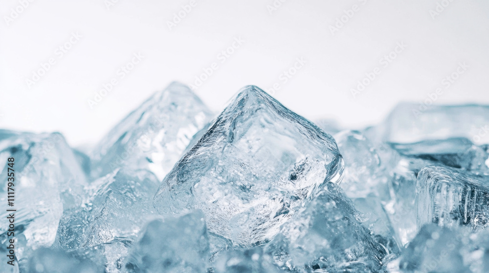 Close-up of transparent ice cubes against a soft white background, showcasing intricate textures and reflections with a cool, refreshing ambiance.