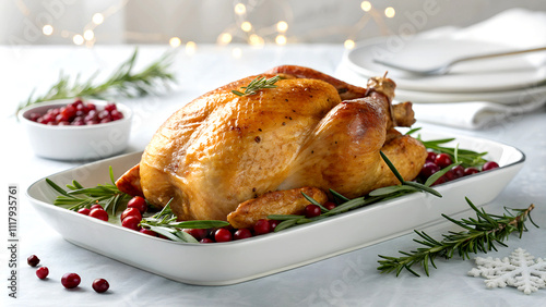 Roast turkey Christmas dinner 2025 recipe photo: festive homemade tender meat with vegetables, herbs, and garnish. Juicy, smoky, seasonal feast. Rustic holiday menu with Christmas lights and happiness photo