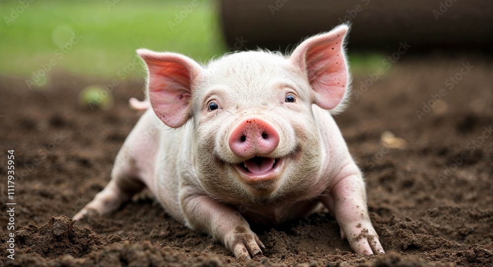 A joyful piglet rolling in mud with a happy expression A joyful piglet rolling in mud with a happy expression
