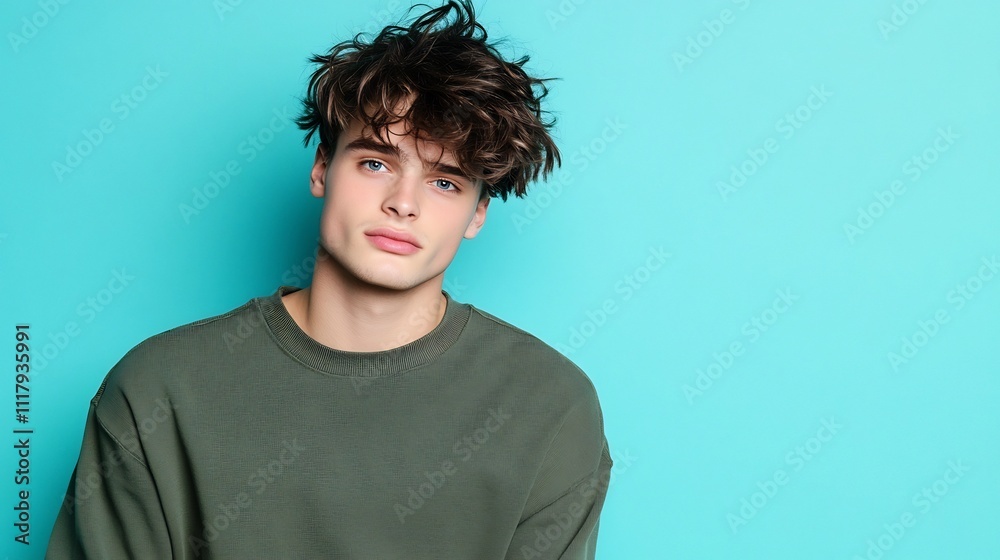 Thoughtful Young Man with Tousled Hair on Pastel Blue Background Thoughtful Young Man with Tousled Hair on Pastel Blue Background