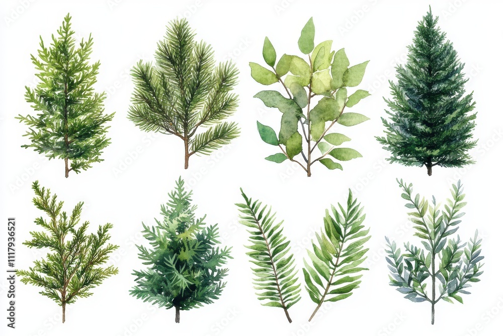 A collection of watercolor illustrations of various trees and leaves. A collection of watercolor illustrations of various trees and leaves.