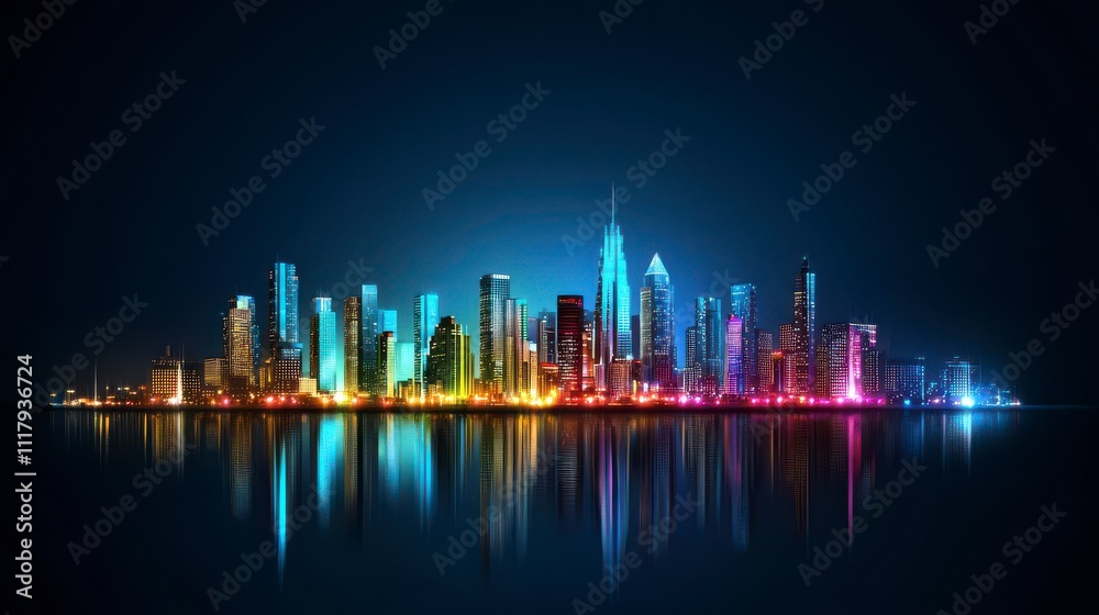 Obraz premium Stunning City Skyline at Night with Bright Lights and Reflections on Water, Capturing Urban Beauty and Vibrant Colors in a Serene Atmosphere