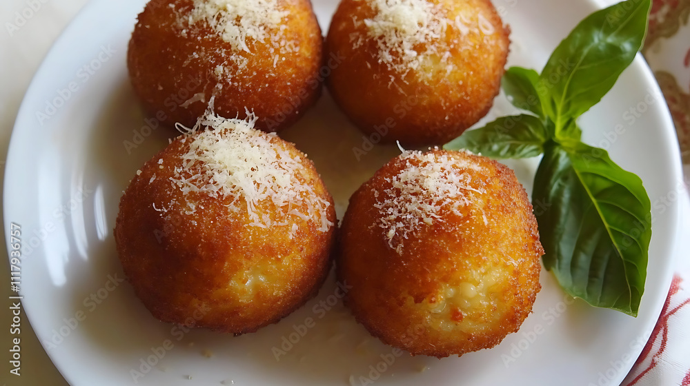 Rustic arancini served with fresh basil, a dusting of Parmesan Rustic arancini served with fresh basil, a dusting of Parmesan