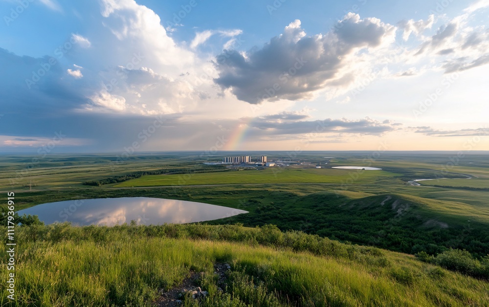 Obraz premium Prairie landscape with rainbow, lake, and distant industrial area.