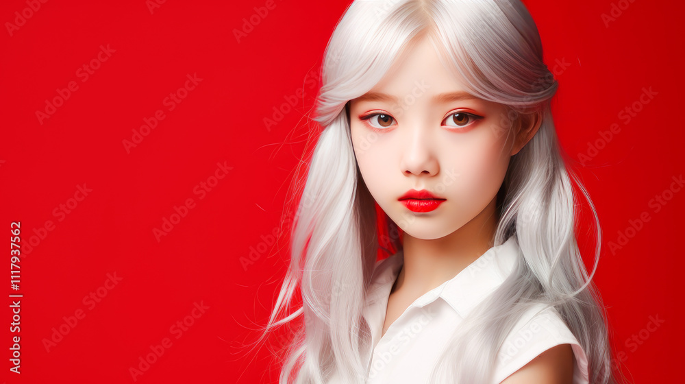 Portrait of asian girl child with long white hair creamy orange background. Portrait of asian girl child with long white hair creamy orange background.