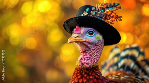 A cheerful cartoon turkey with vibrant, multicolored feathers proudly wears a black pilgrim hat, standing against a festive autumn-themed background. photo