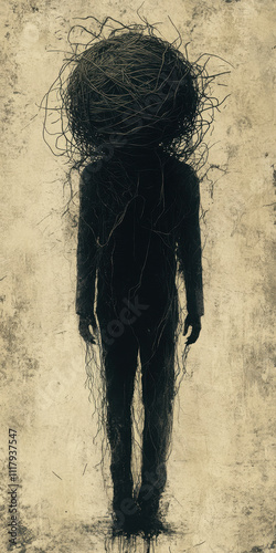 Overthinking. A shadowy figure with a tangled nest-like mass for a head stands against a textured background, evoking themes of identity and entrapment. photo