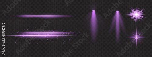 Purple light effects set. Glowing streaks, sparkles, spotlight beams, bright starbursts, warm illumination, decorative particles, radiant design, abstract modern lighting.