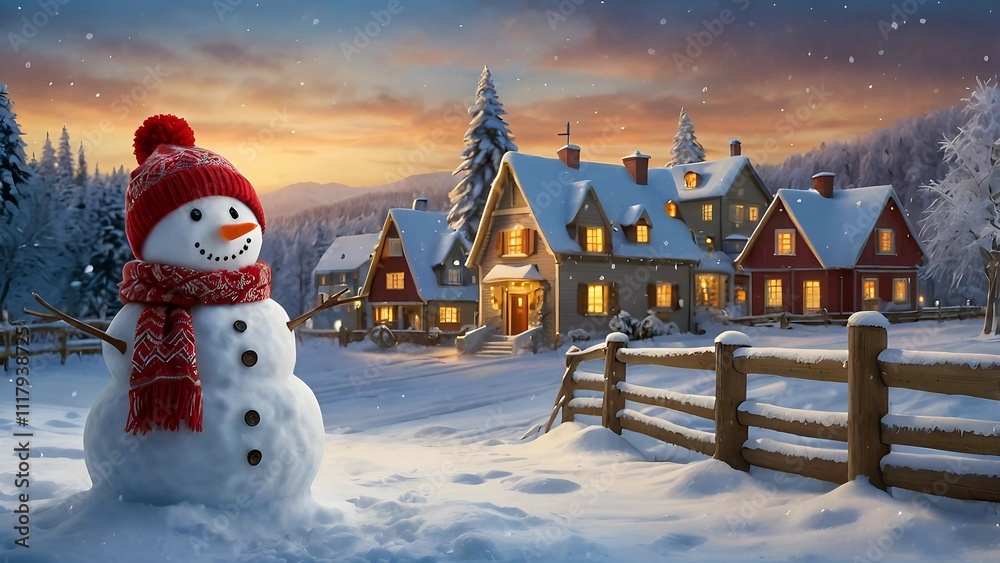 Naklejka premium Cheerful Snowman in Front of a Cozy Winter Cabin