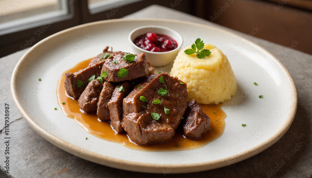 Poronkäristys in Rustic Style in Warm Tones for Traditional Finnish Meal Poronkäristys in Rustic Style in Warm Tones for Traditional Finnish Meal