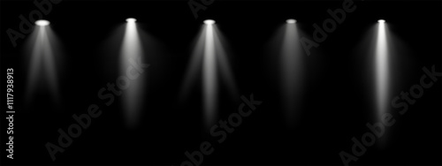 White spotlight set. Multiple focused beams, ceiling-mounted lighting, bright white glow, stage illumination, modern lighting design, minimalistic decor, professional setup