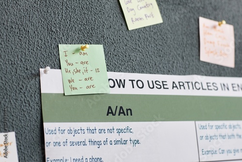 Close up on green post it note with English grammar rule written explaining conjugation of verb be in present tense while pinned on wall in classroom of language course, copy space