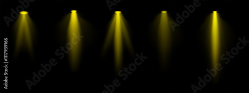 Golden spotlight set. Multiple focused beams, ceiling-mounted lighting, bright white glow, stage illumination, modern lighting design, minimalistic decor, professional setup