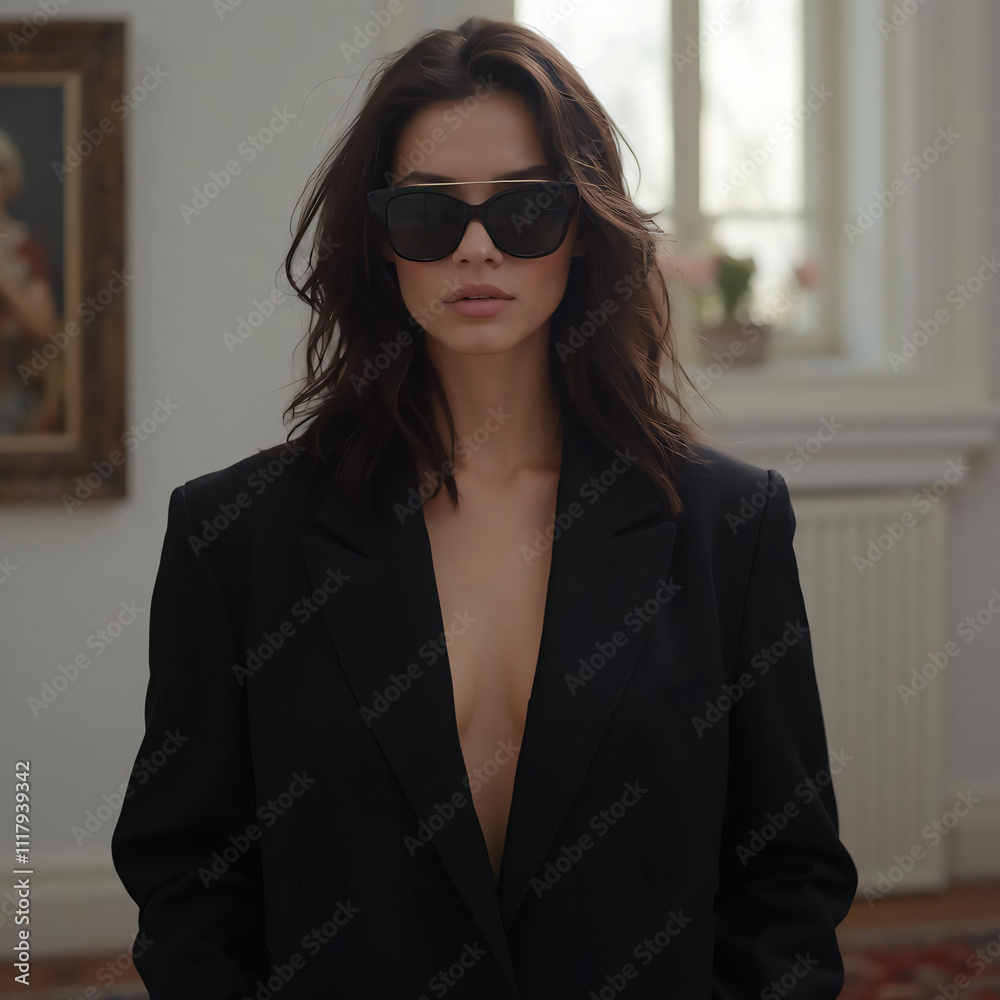 woman in black deep v neck jacket and dark sunglasses woman in black deep v neck jacket and dark sunglasses