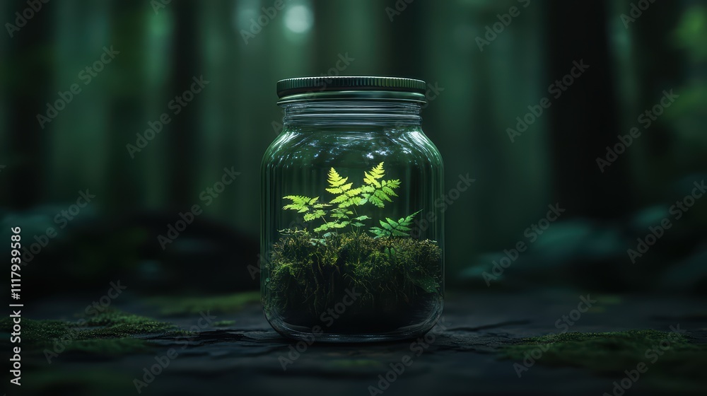 Lush Green Ferns in Glass Jar Surrounded by Tranquil Forest Lush Green Ferns in Glass Jar Surrounded by Tranquil Forest