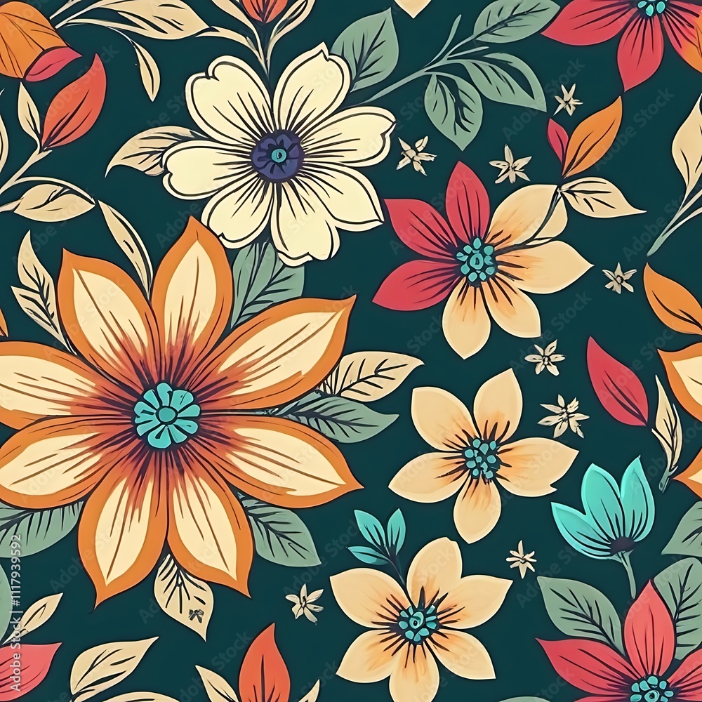 Autumnal Floral Delight: A captivating seamless pattern of vibrant autumnal flowers in warm, earthy tones on a deep teal background. Perfect for textile design and surface patterns. Autumnal Floral Delight: A captivating seamless pattern of vibrant autumnal flowers in warm, earthy tones on a deep teal background. Perfect for textile design and surface patterns.