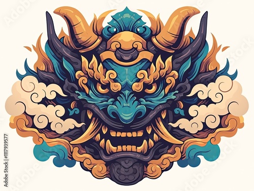 Fierce oni mask with horns and clouds. photo