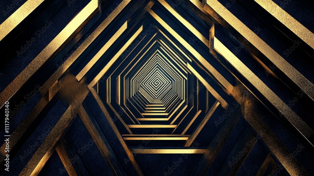 Obraz premium Hexagonal tunnel receding into darkness with gold accents.