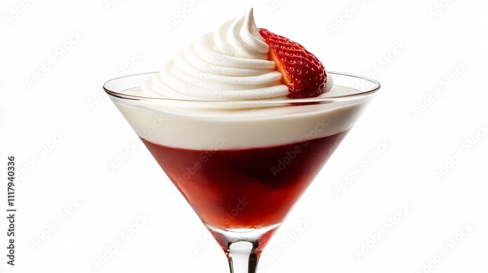 Close up of Bavarian cream in a delicate martini glass, layered with strawberry compote and whipped cream, isolated on white Close up of Bavarian cream in a delicate martini glass, layered with strawberry compote and whipped cream, isolated on white