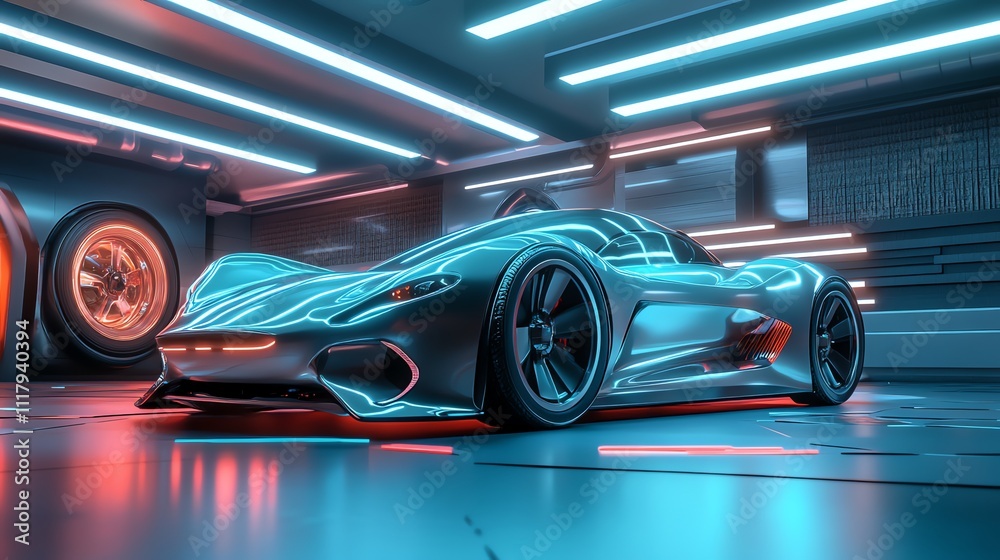 A futuristic-looking car in a garage with neon lights. A futuristic-looking car in a garage with neon lights.