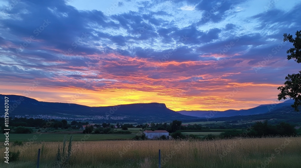Vibrant Sunset Over Rolling Hills And Rural Landscape Vibrant Sunset Over Rolling Hills And Rural Landscape