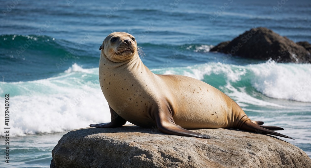 Fototapeta premium A serene sea lion lounging on a rock near ocean waves
