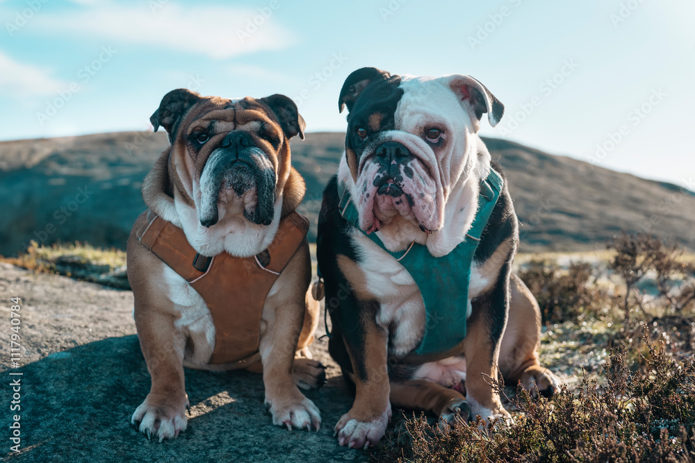 Fototapeta premium Two bulldogs relaxing on a rocky outcrop during a sunny day in nature
