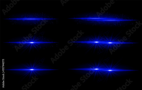 Blue glow effects set. Radiant light streaks, sparkling particles, bright starbursts, warm illumination, abstract lighting design, decorative energy beams, vibrant modern visuals