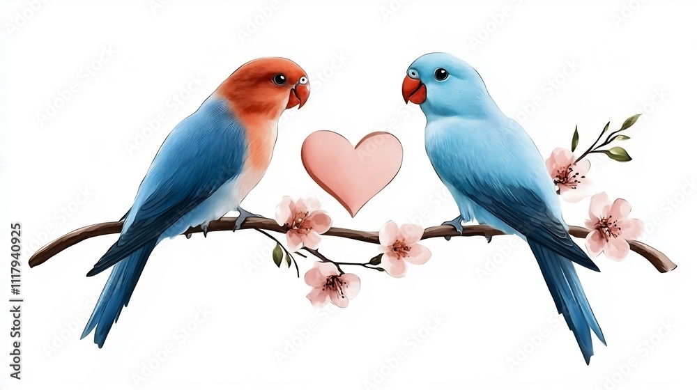 Two Lovebirds Perched on Branch with Heart-Shaped Design in Watercolor Style Two Lovebirds Perched on Branch with Heart-Shaped Design in Watercolor Style
