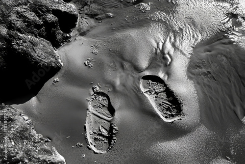 Footprints in the sand that disappear on the shore, as a metaphor for life and the fleeting nature of memories. photo