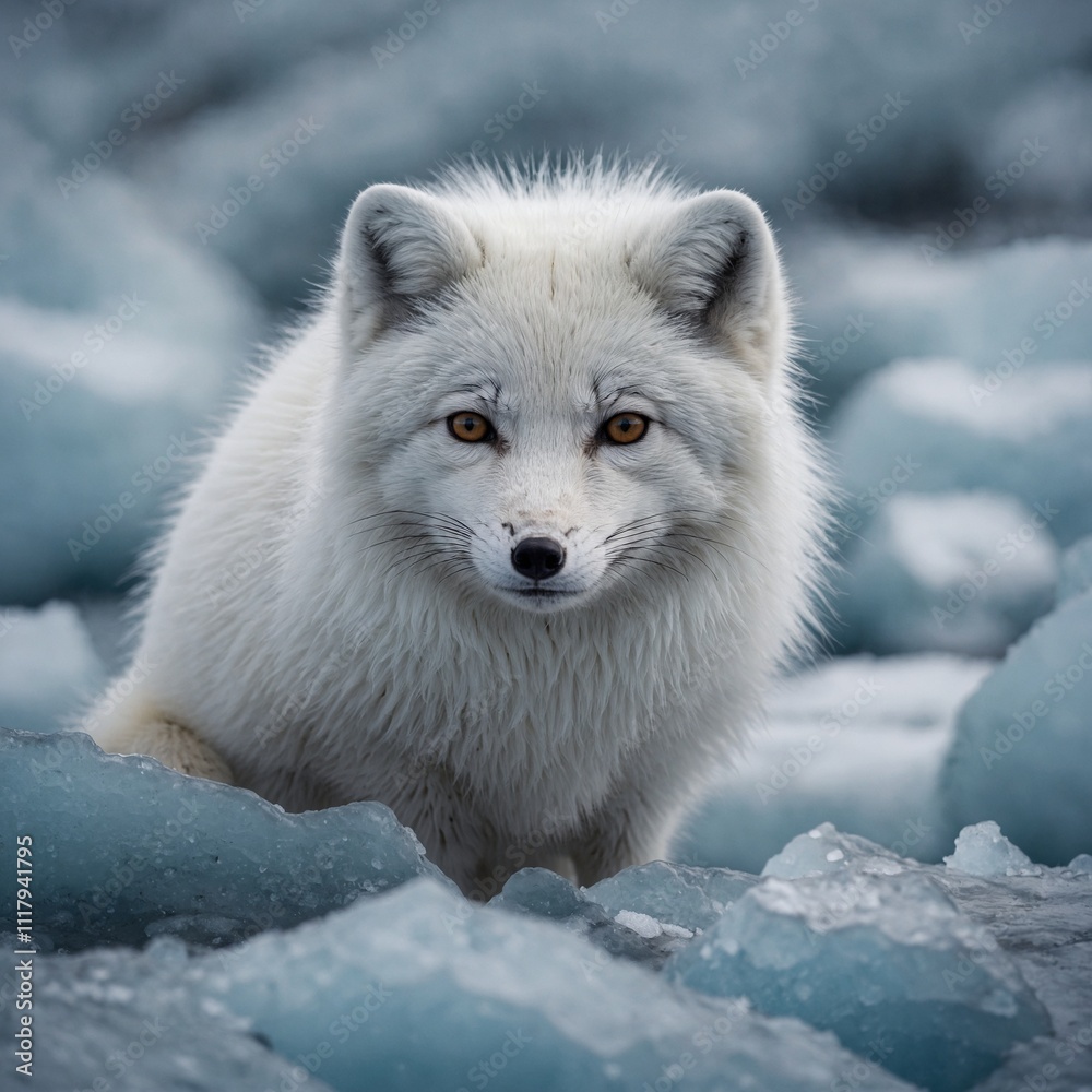 A snow-white arctic fox blending into its icy surroundings. A snow-white arctic fox blending into its icy surroundings.