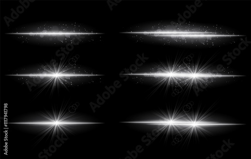 White glow effects set. Radiant light streaks, sparkling particles, bright starbursts, warm illumination, abstract lighting design, decorative energy beams, vibrant modern visuals