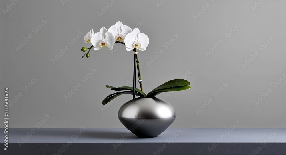 A sleek modern vase with a single white orchid stem displayed against a plain gray backdrop A sleek modern vase with a single white orchid stem displayed against a plain gray backdrop